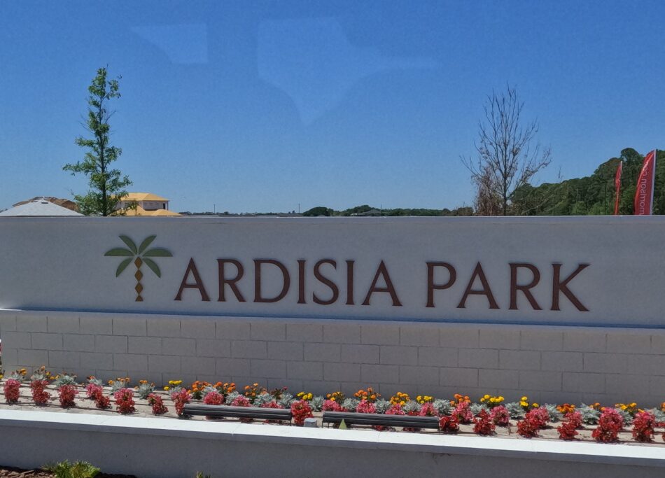 Entrance sign for Ardisia Park, a new construction community in New Smyrna Beach, Florida