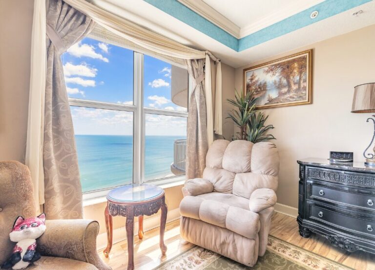 Ocean view from the primary bedroom in Penthouse Unit 1205 at St. Maarten, Daytona Beach Shores