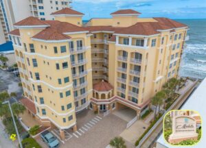 Marbella Daytona Beach Shores luxury condo building with ocean views, aerial drone perspective