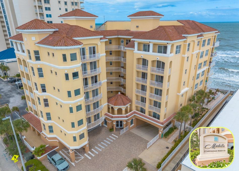 Marbella Daytona Beach Shores luxury condo building with ocean views, aerial drone perspective